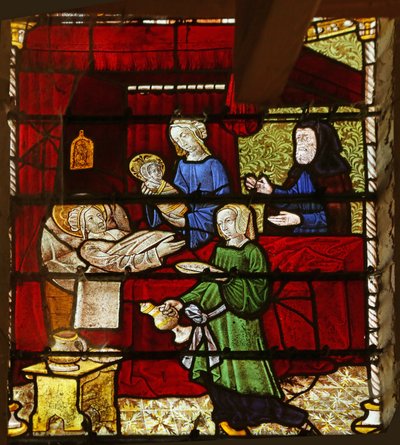 Vidriera que representa el Nacimiento de la Virgen María de French School